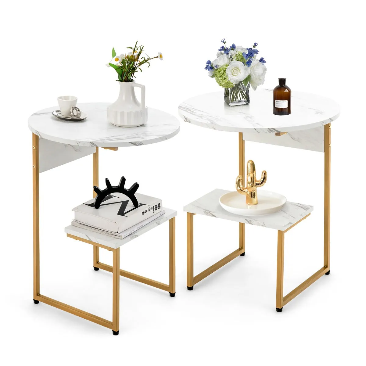 NNECW White Faux Marble End Table with Round Tabletop & Square Shelf for Living Room