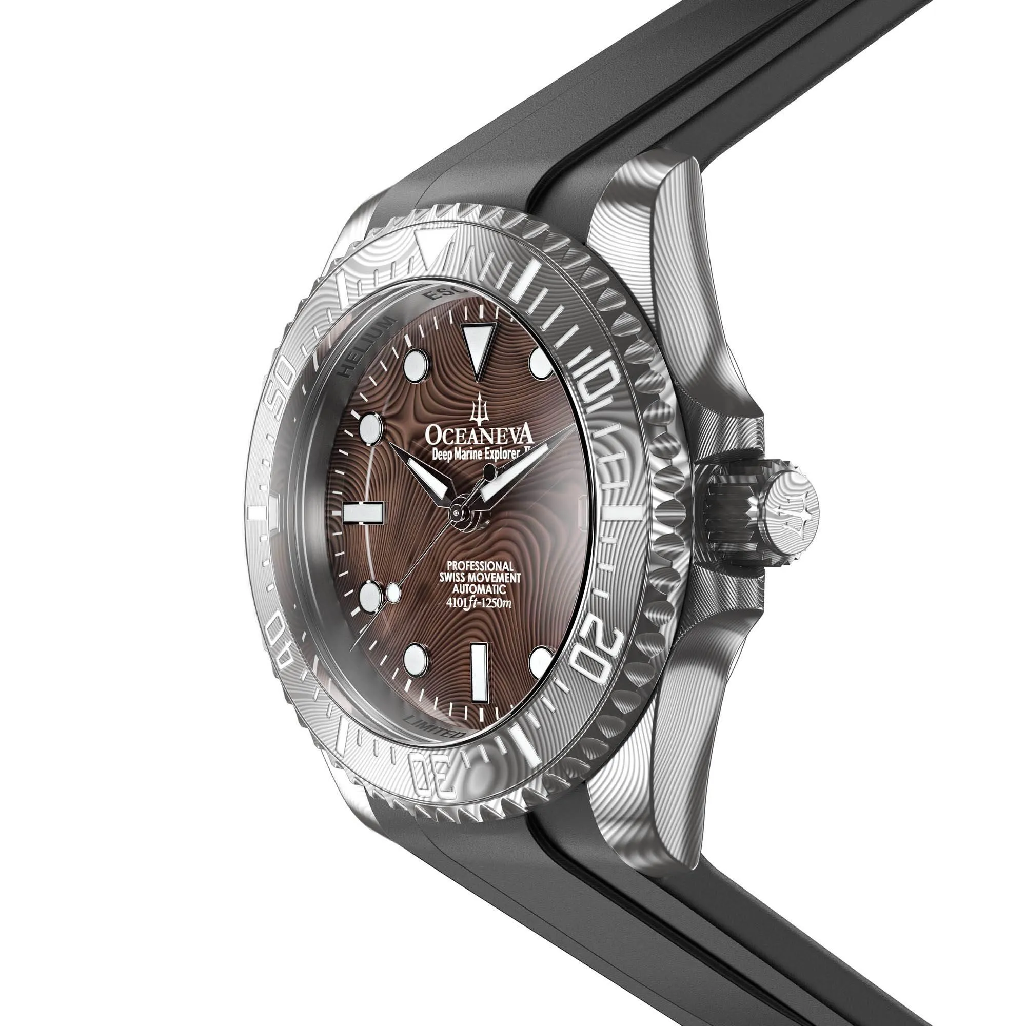 Oceaneva Mens Deep Marine Explorer II Coffee Brown Damascus Steel Dial Watch Rubber