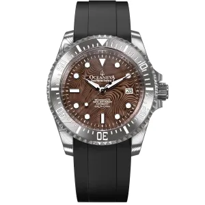 Oceaneva Mens Deep Marine Explorer II Coffee Brown Damascus Steel Dial Watch Rubber