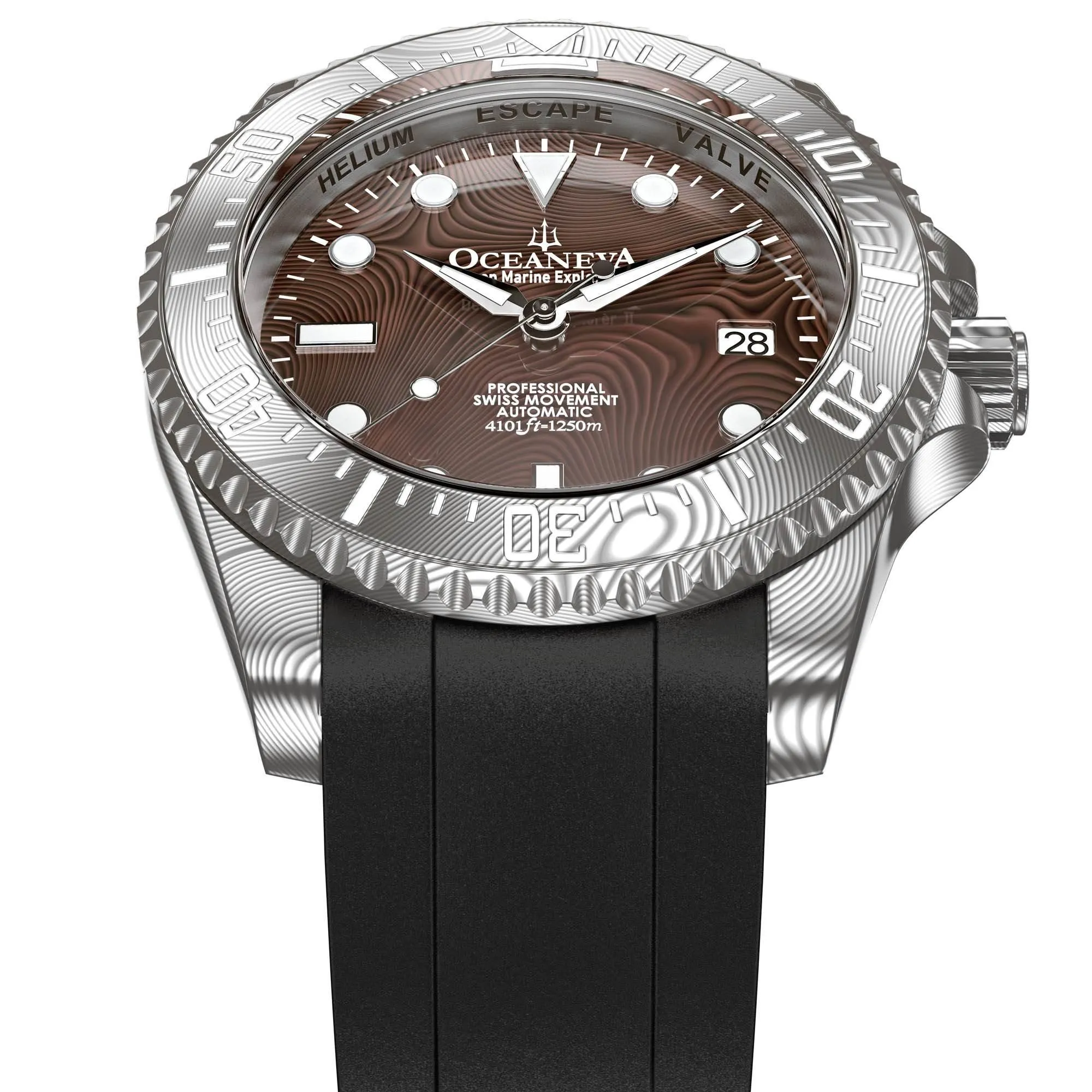 Oceaneva Mens Deep Marine Explorer II Coffee Brown Damascus Steel Dial Watch Rubber