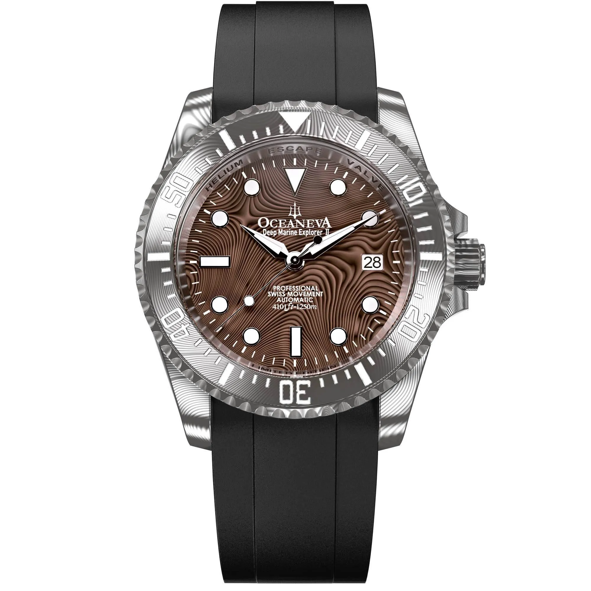 Oceaneva Mens Deep Marine Explorer II Coffee Brown Damascus Steel Dial Watch Rubber