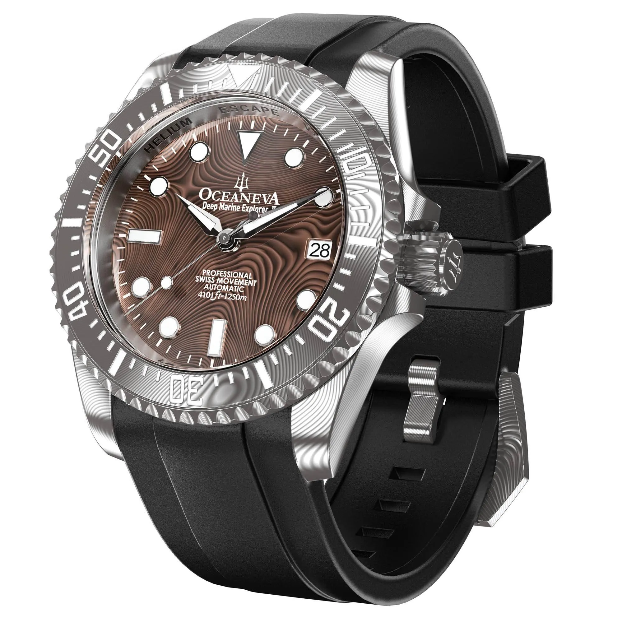 Oceaneva Mens Deep Marine Explorer II Coffee Brown Damascus Steel Dial Watch Rubber