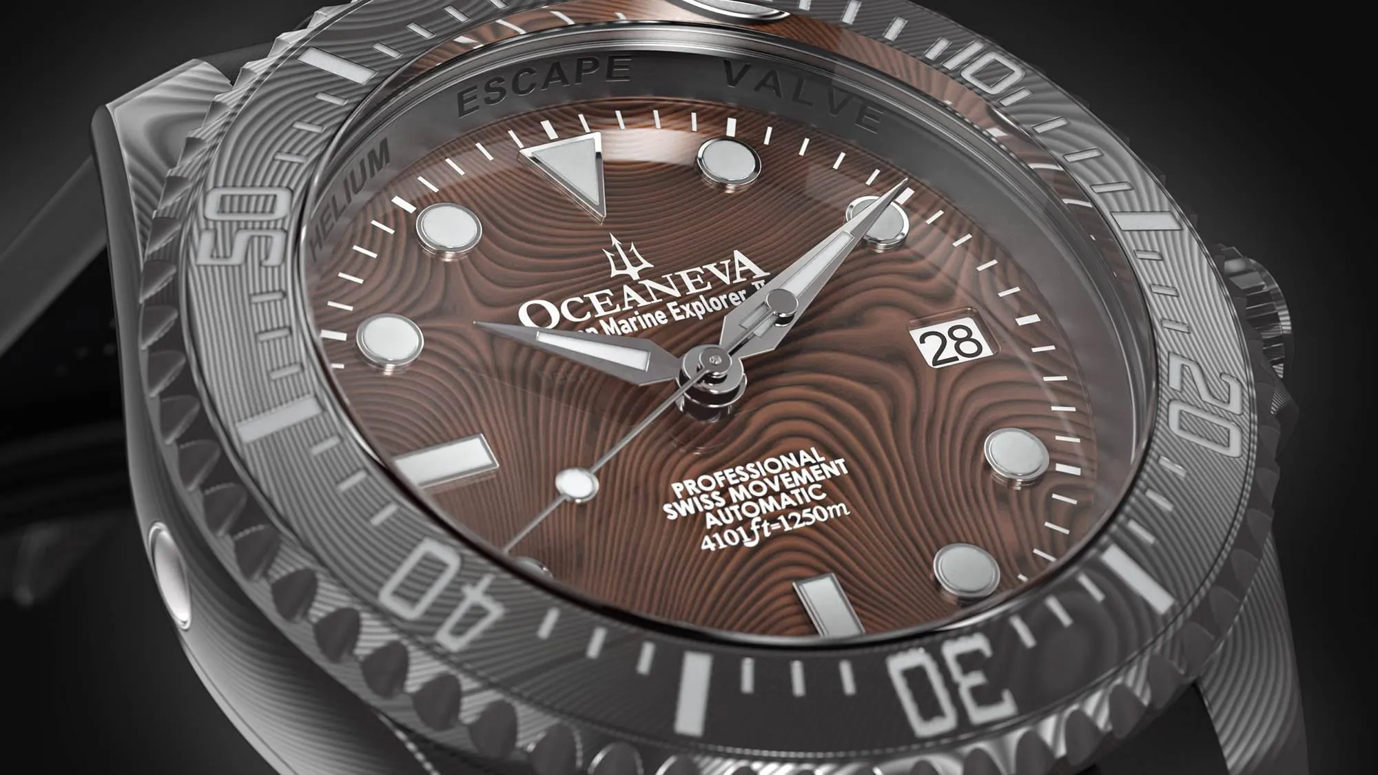 Oceaneva Mens Deep Marine Explorer II Coffee Brown Damascus Steel Dial Watch Rubber