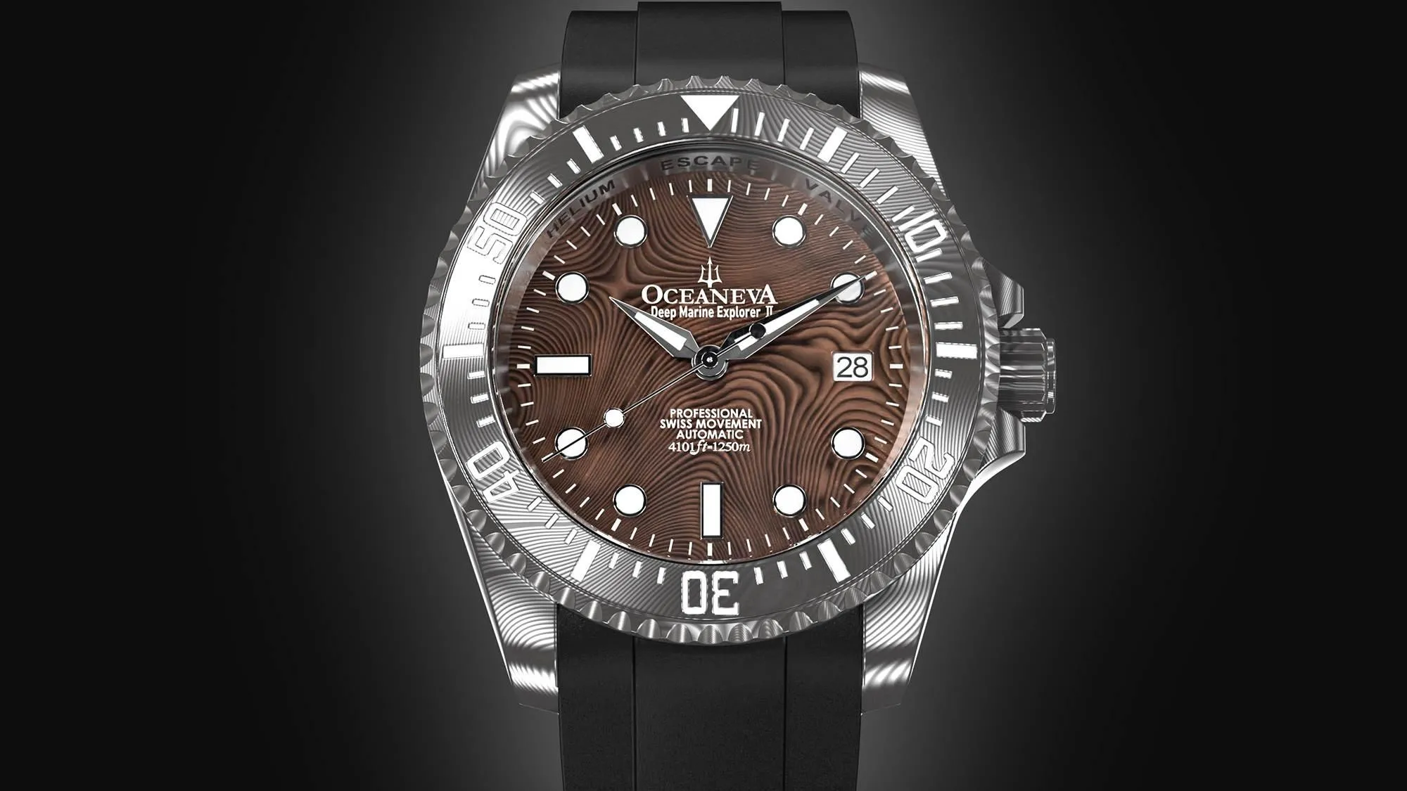 Oceaneva Mens Deep Marine Explorer II Coffee Brown Damascus Steel Dial Watch Rubber