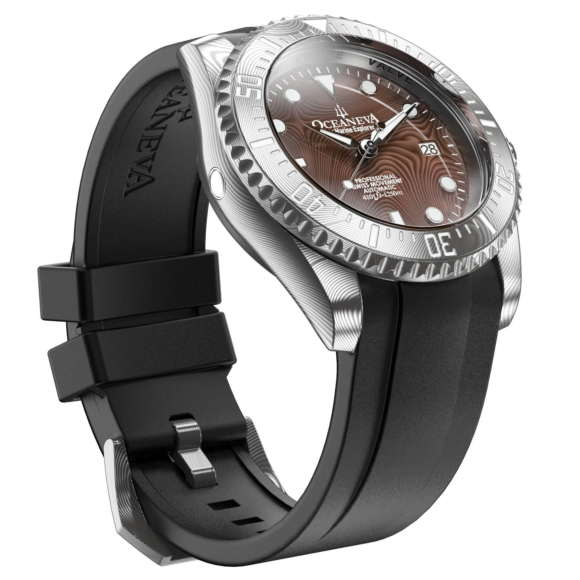 Oceaneva Mens Deep Marine Explorer II Coffee Brown Damascus Steel Dial Watch Rubber