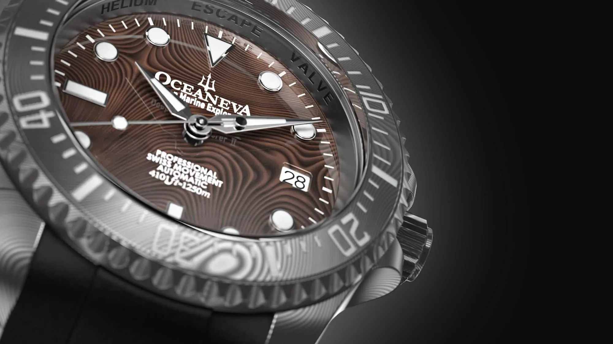 Oceaneva Mens Deep Marine Explorer II Coffee Brown Damascus Steel Dial Watch Rubber
