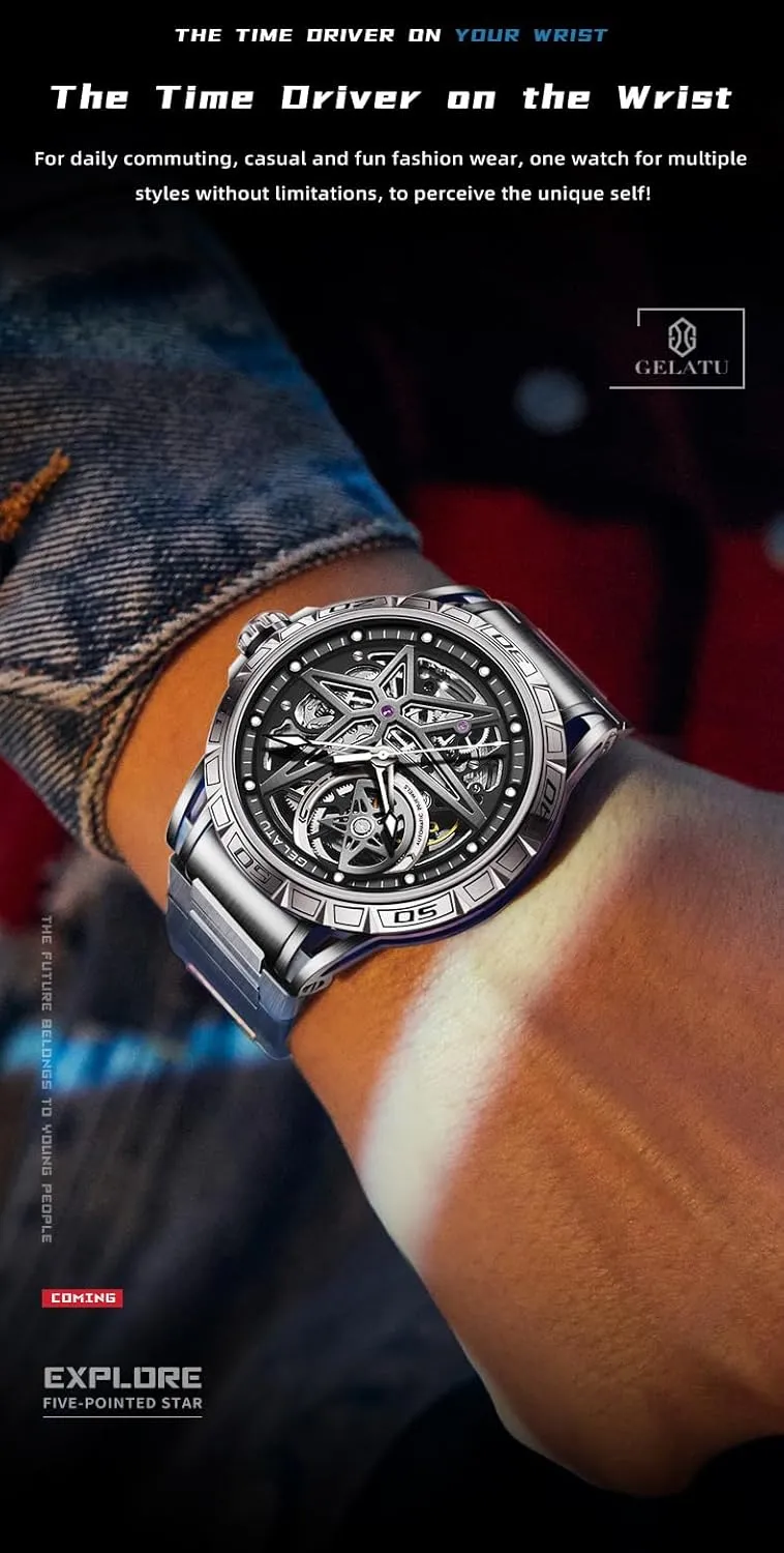 OLEVS Mens Automatic Watches Silver Skeleton Binary Star Galaxy Self Winding Mechanical Original Wrist Watch for Men