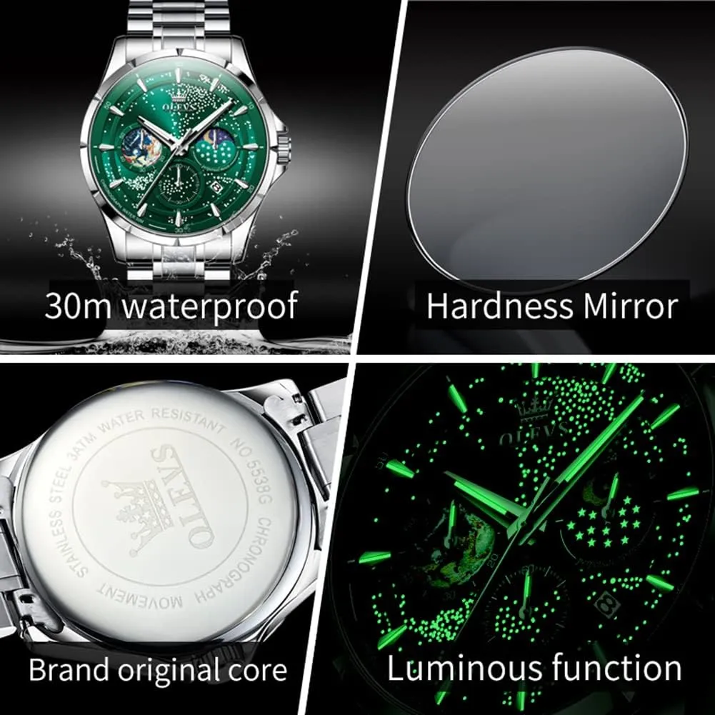 OLEVS Mens Watches Starry Sky Moon Phase Dial Luxury Business Dress Analog Quartz Classic Casual Date Wrist Watches Waterproof Luminous