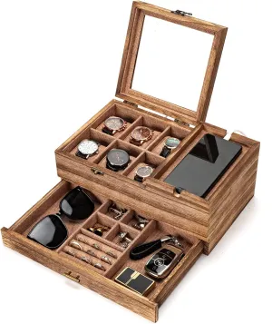 Pinzoveco Watch Box Organizer for Men, 6 Slot Mens Jewelry Box Display & Storage Watch, Solid Wood Watch Case for Men, Gift for Boyfriend Fathers Day Birthday Gifts (Carbonized Brown)