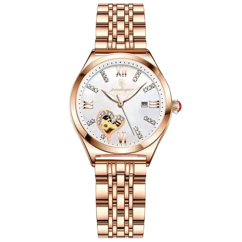 POEDAGAR Women's Rose Gold Stainless Steel Waterproof Quartz Watch - Romantic Gift for Girlfriends