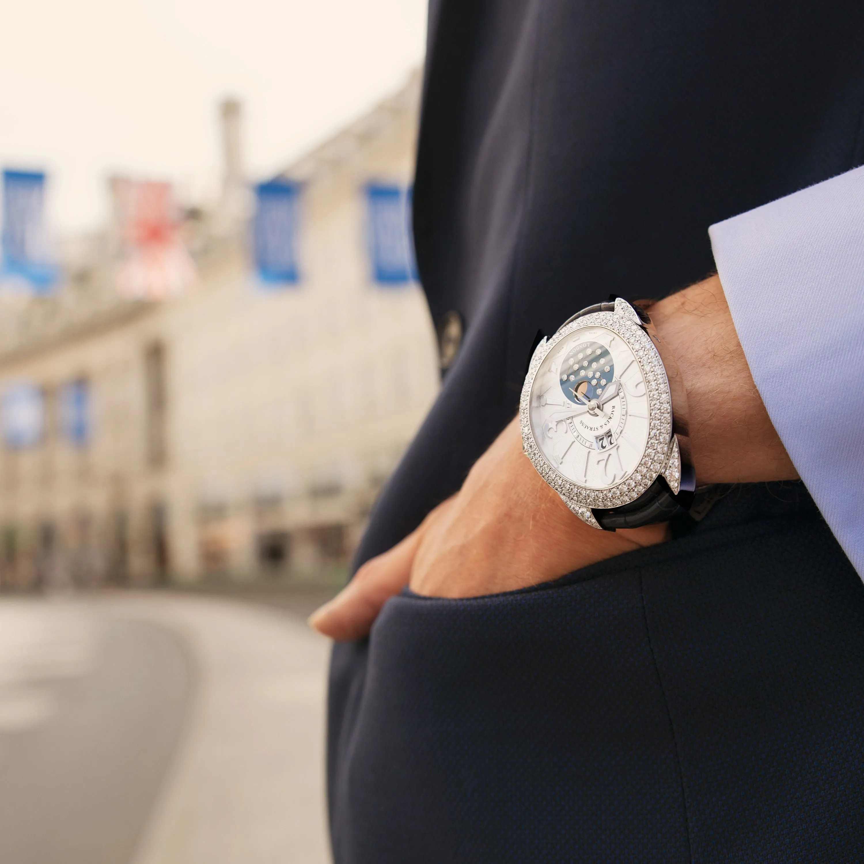 Regent Steel 1609 AD Moon Phase 4047 Luxury Diamond Watch for Men - 18kt White Gold - Backes & Strauss