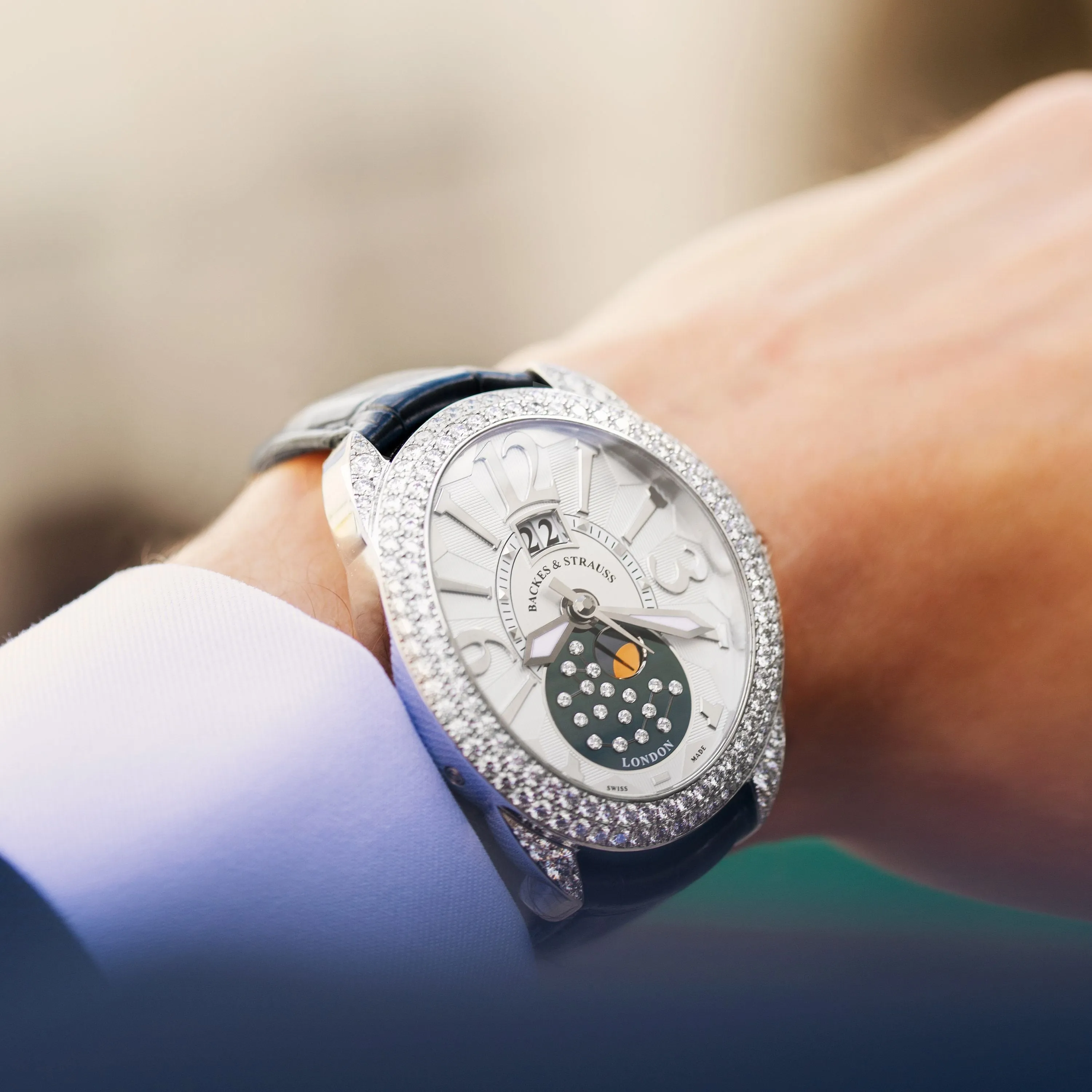 Regent Steel 1609 AD Moon Phase 4047 Luxury Diamond Watch for Men - 18kt White Gold - Backes & Strauss