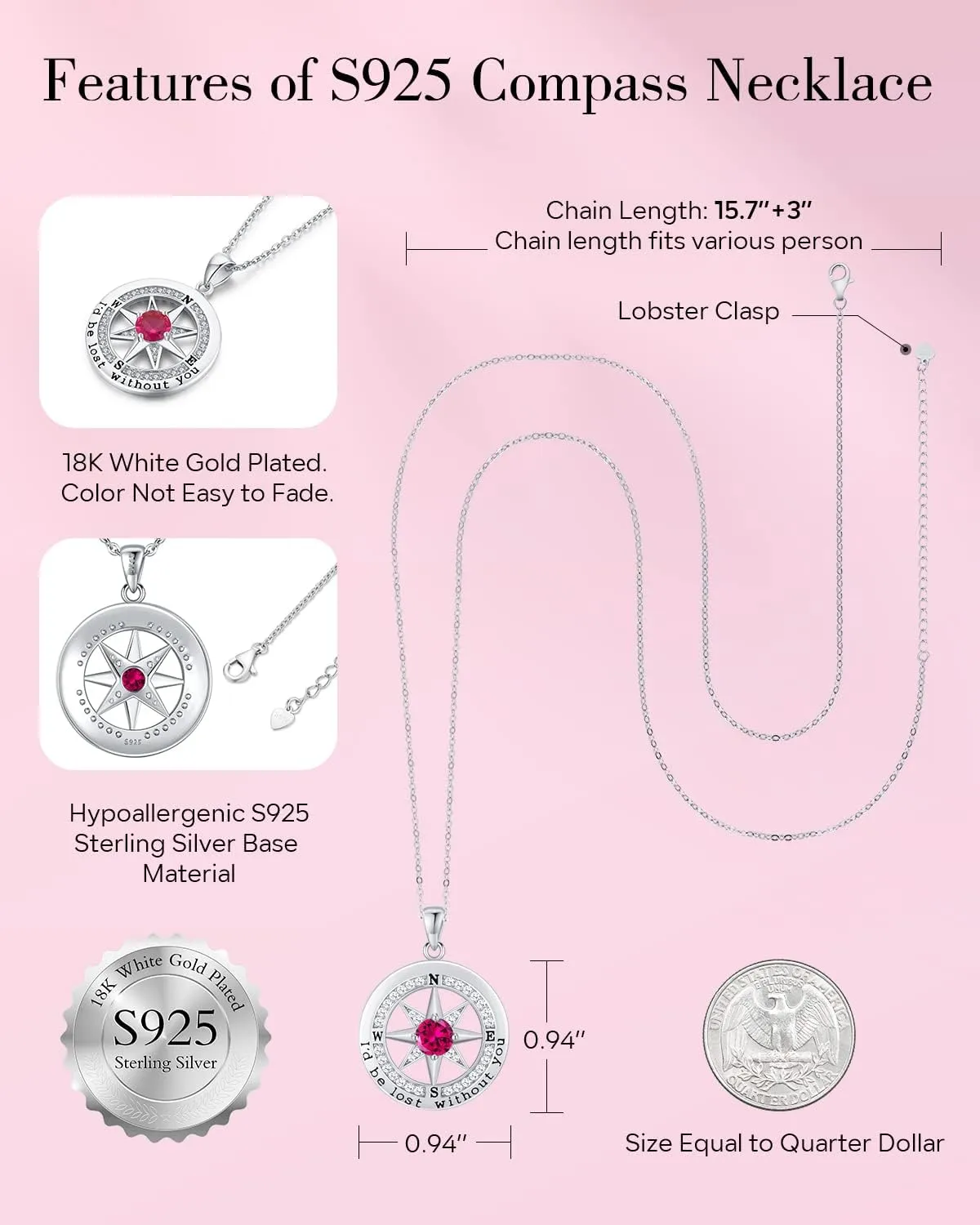 S925 Necklace Gift for Wife |Compass Jewelry |Women Anniversary |Sterling Silver |Girlfriend Birthday Gifts for Her Valentines |I'd be Lost without You |Jewel 18K Gold