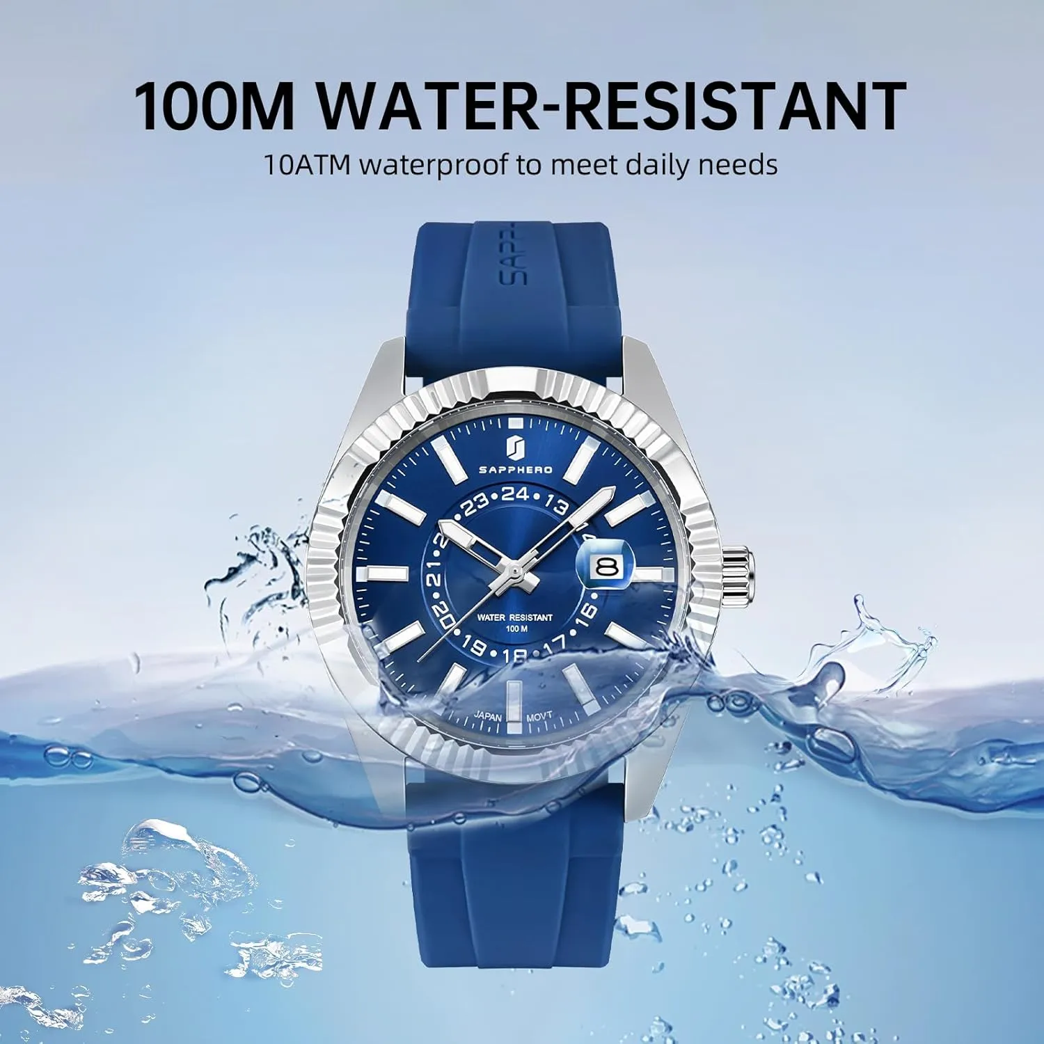 SAPPHERO Mens Watches 10ATM Waterproof Watch for Men Japanese Quartz Stainless Steel/Silicone Band Strap Blue/Green Date Casual Business Wristwatch Gift for Men
