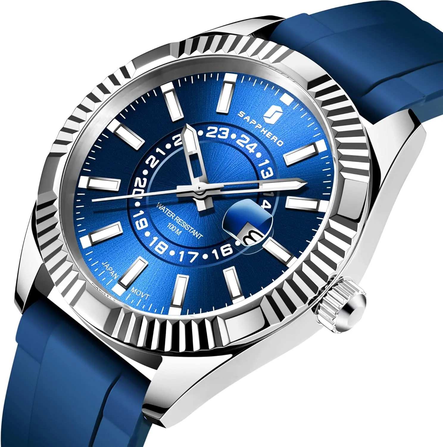 SAPPHERO Mens Watches 10ATM Waterproof Watch for Men Japanese Quartz Stainless Steel/Silicone Band Strap Blue/Green Date Casual Business Wristwatch Gift for Men