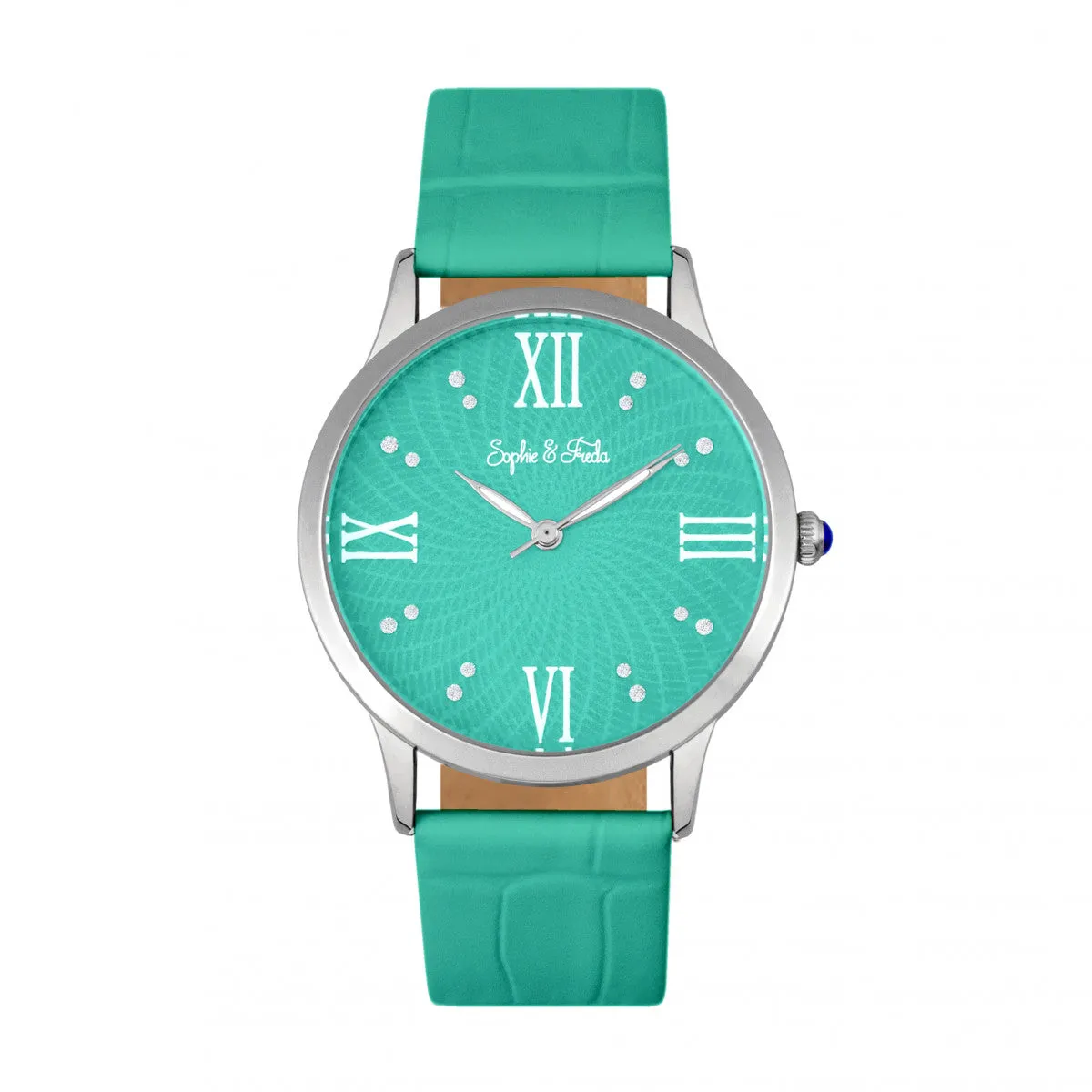 Sophie & Freda Sonoma Leather-Band Watch w/Swarovski Crystals - Silver/Teal
