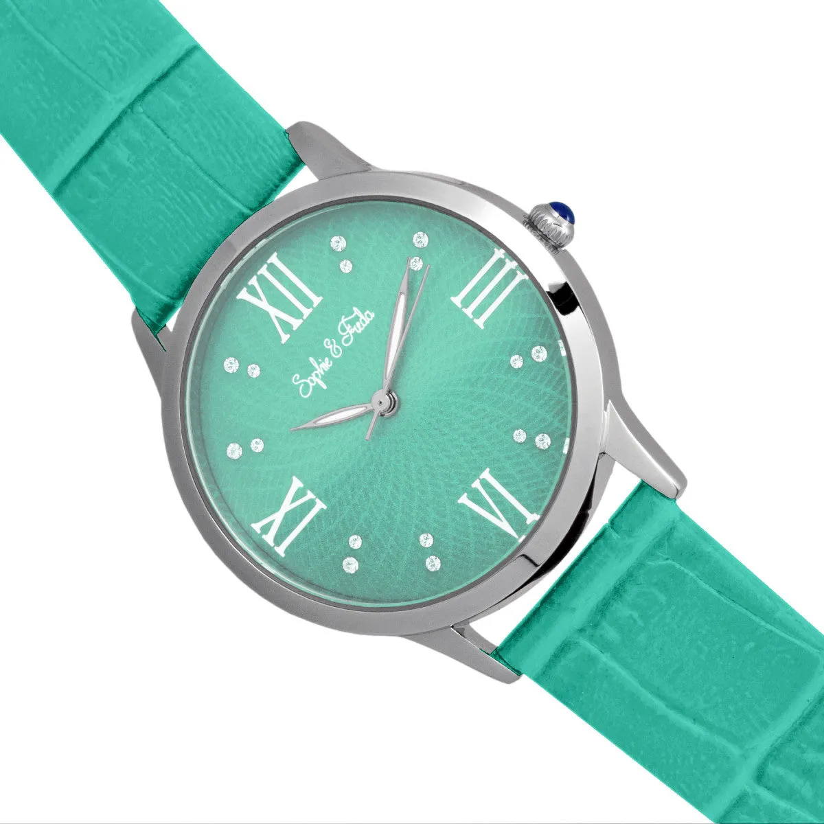 Sophie & Freda Sonoma Leather-Band Watch w/Swarovski Crystals - Silver/Teal