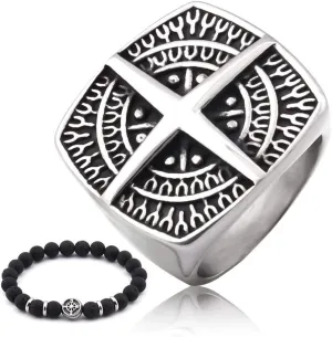 Stainless Steel Compass Ring Life Guide Accessory for Mens and Womens Vintage Floral Pattern Protection Jewelry