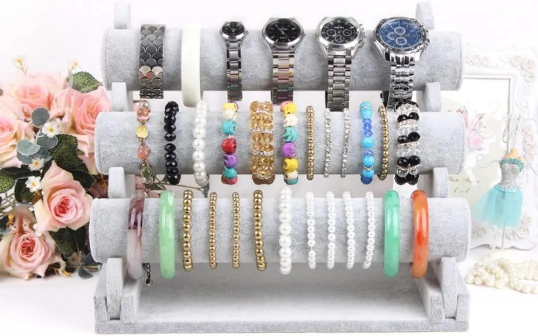 Stratalife Bracelet Holder Bracelet Dispaly Stand Velvet Jewelry Display Bracelet Storage Organizer Bracelet Display for Selling Watch Jewelry Tower 3 Tier (Gray Velvet)