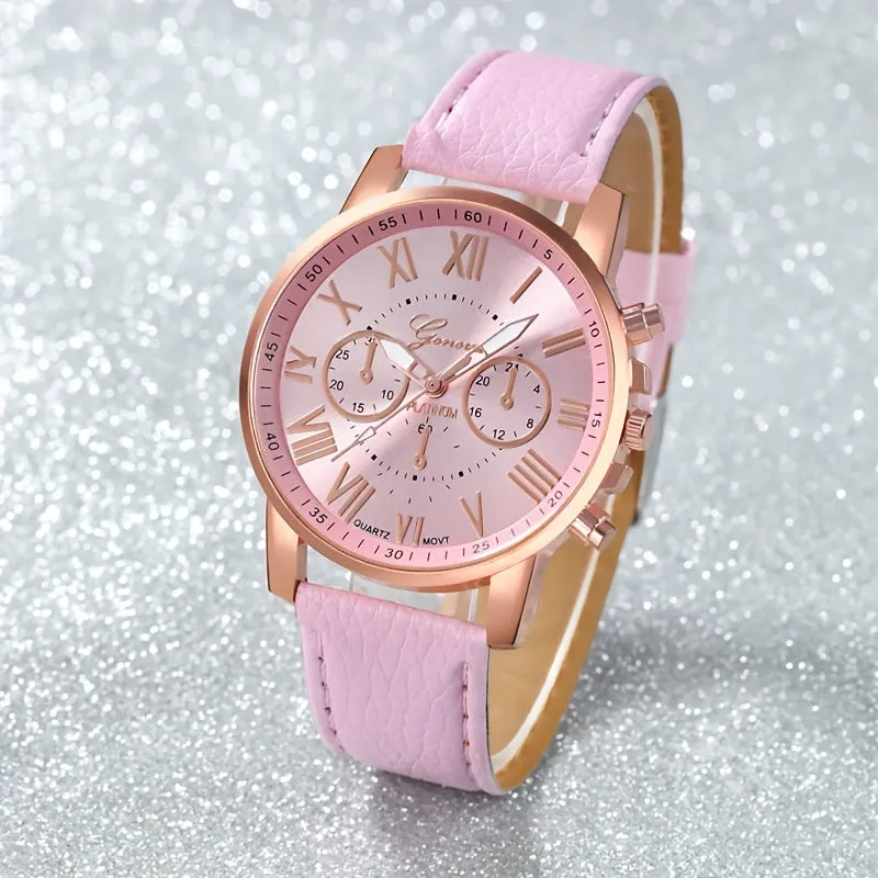 Stylish Round Quartz Watch with Faux Leather Strap