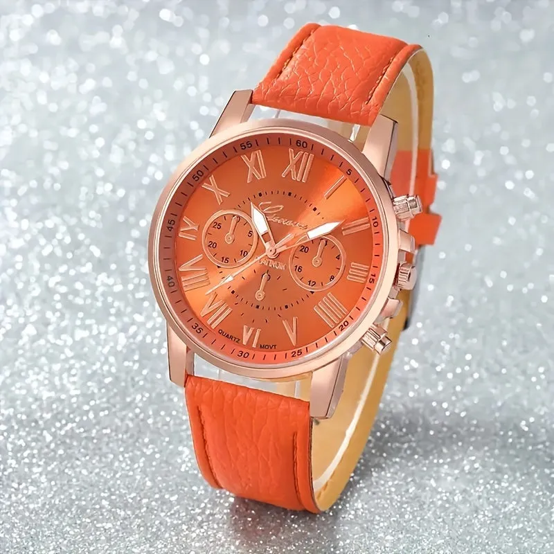 Stylish Round Quartz Watch with Faux Leather Strap