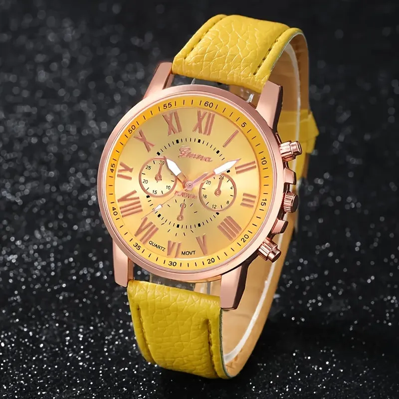Stylish Round Quartz Watch with Faux Leather Strap