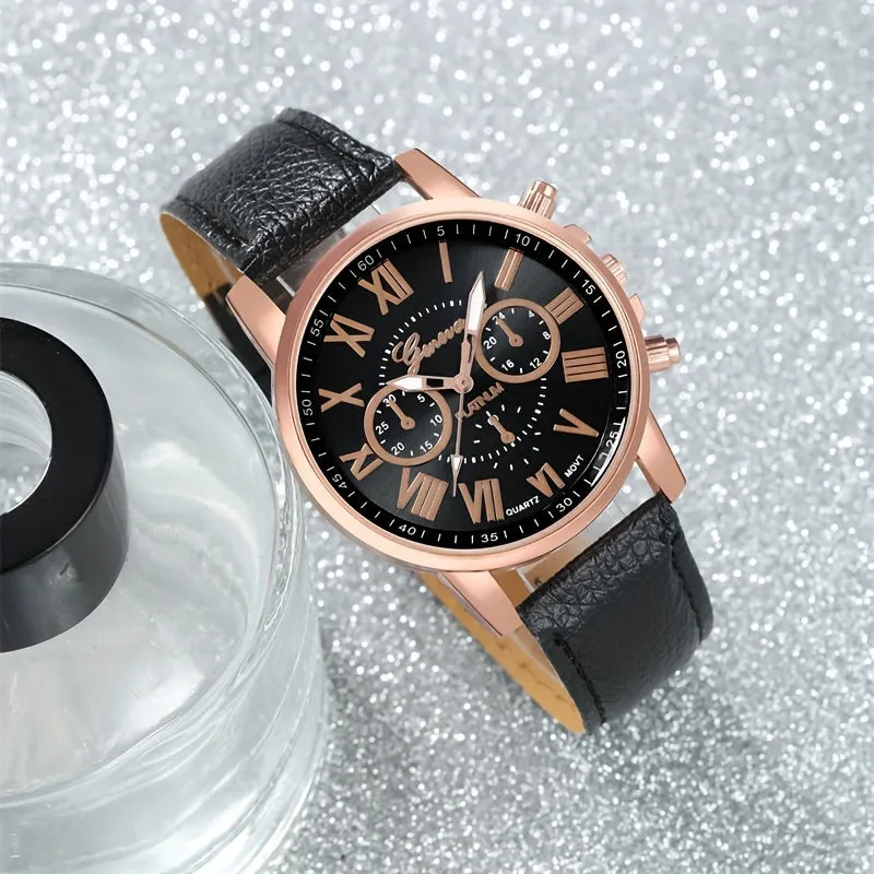 Stylish Round Quartz Watch with Faux Leather Strap