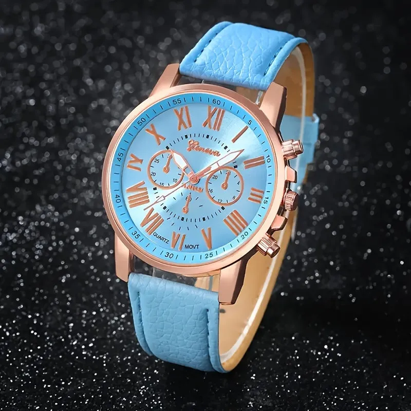 Stylish Round Quartz Watch with Faux Leather Strap
