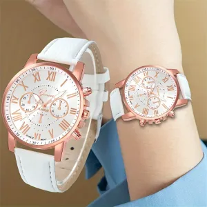 Stylish Round Quartz Watch with Faux Leather Strap