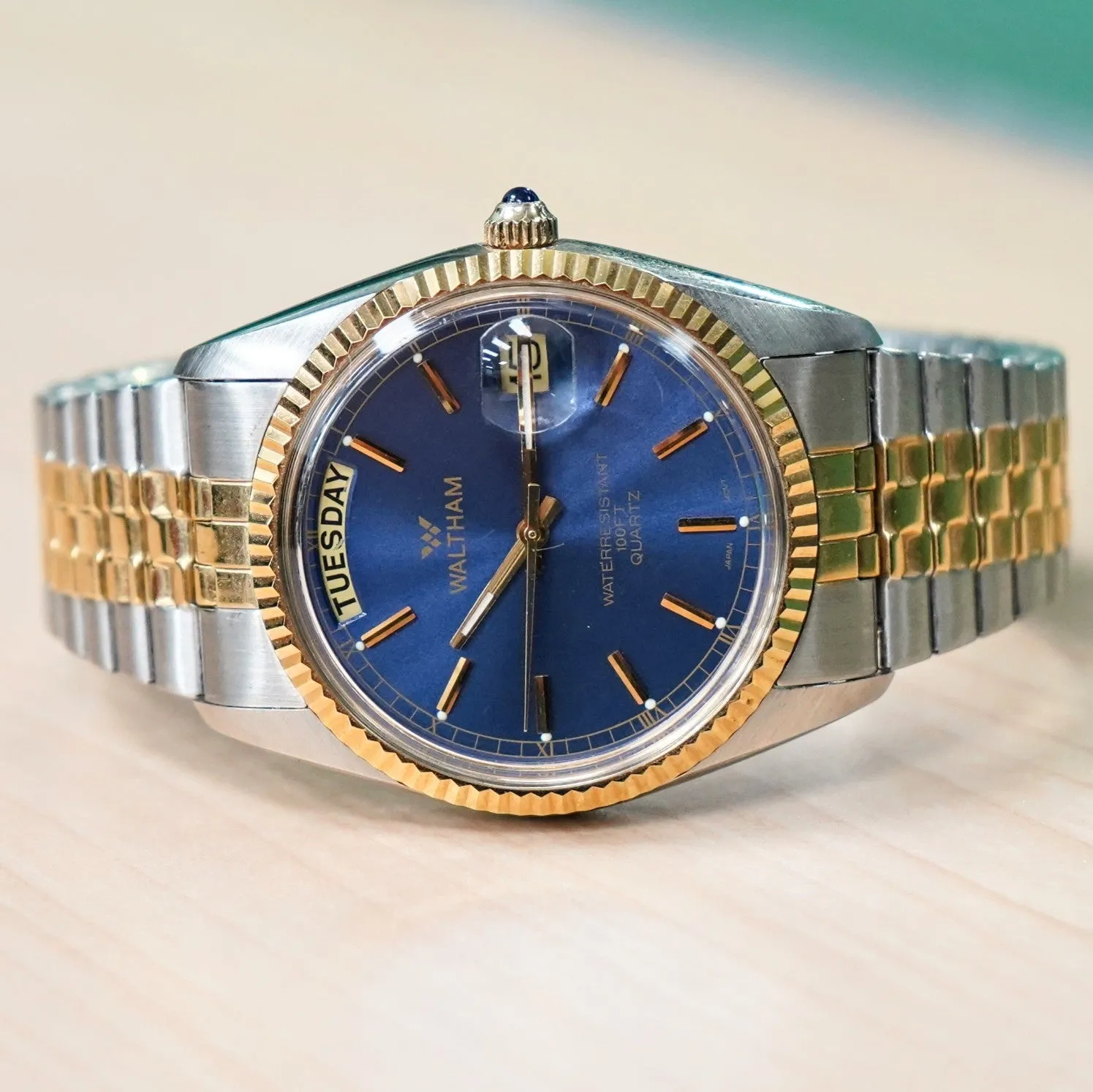 WALTHAM Day/Date Watch Waterresistant 100FT Quartz Wristwatch Blue Dial Two-Tone Case & Flex Band