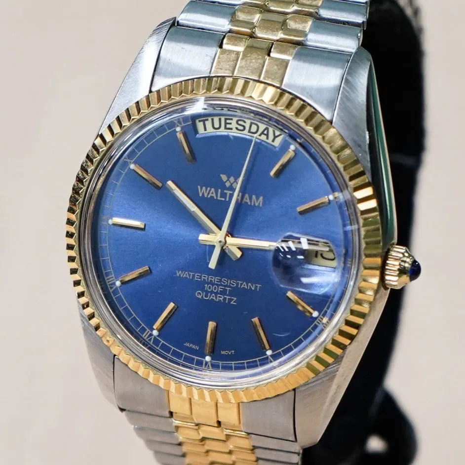 WALTHAM Day/Date Watch Waterresistant 100FT Quartz Wristwatch Blue Dial Two-Tone Case & Flex Band