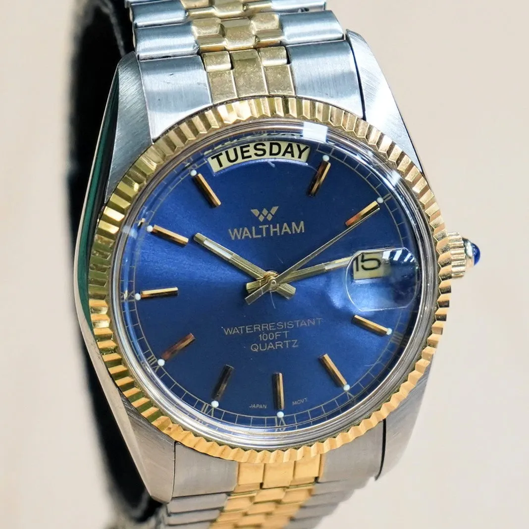WALTHAM Day/Date Watch Waterresistant 100FT Quartz Wristwatch Blue Dial Two-Tone Case & Flex Band