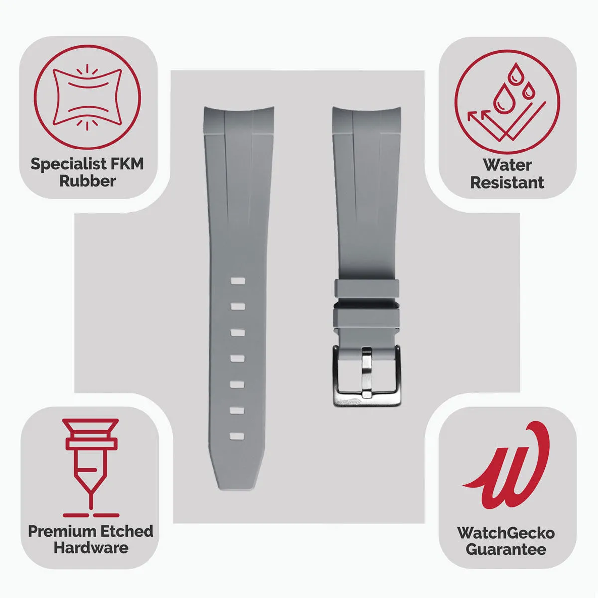 WatchGecko Curved Ends Rubber Watch Strap - Grey