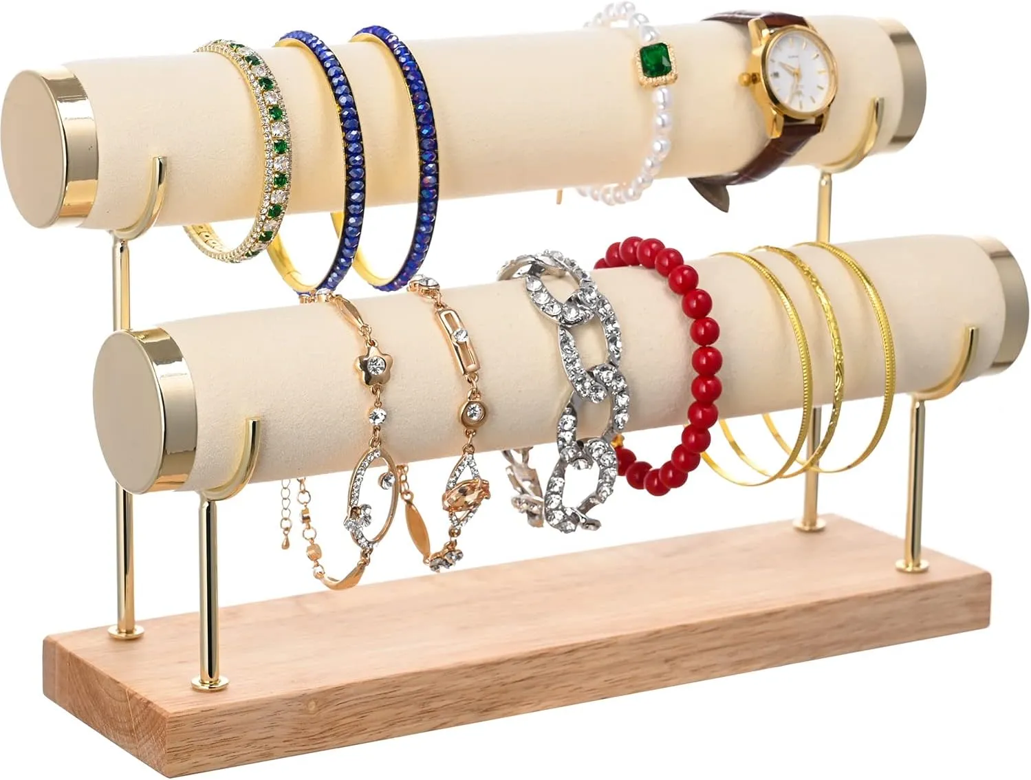 White Bangle Display Holder with T-bar Two Tier Bracelet Stand Storage Towers for Jewelry Organization