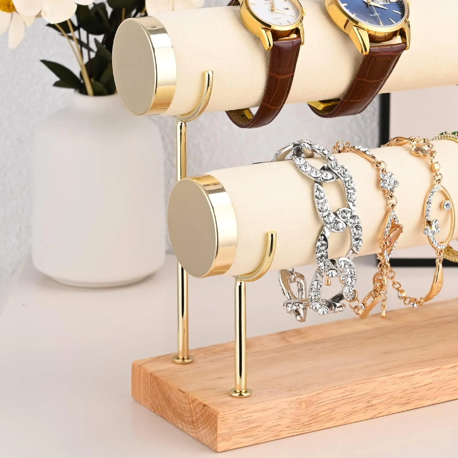 White Bangle Display Holder with T-bar Two Tier Bracelet Stand Storage Towers for Jewelry Organization