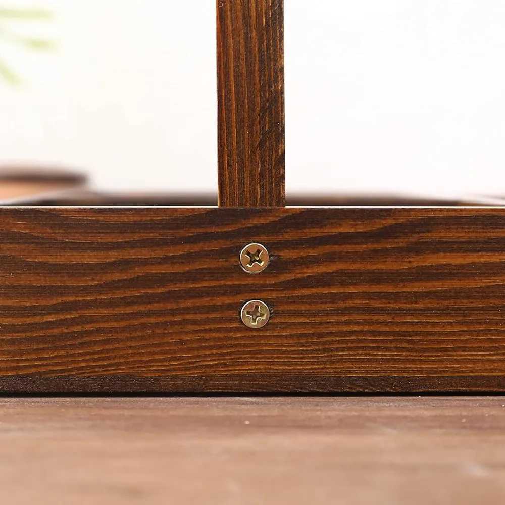 Wood Entryway Tabletop Key Holder Rack，Rustic Burnt Decorative Organizer with Storage Tray and Brass Tone Hooks，Jewelry Key Stand Hjavascript:anging Organizer