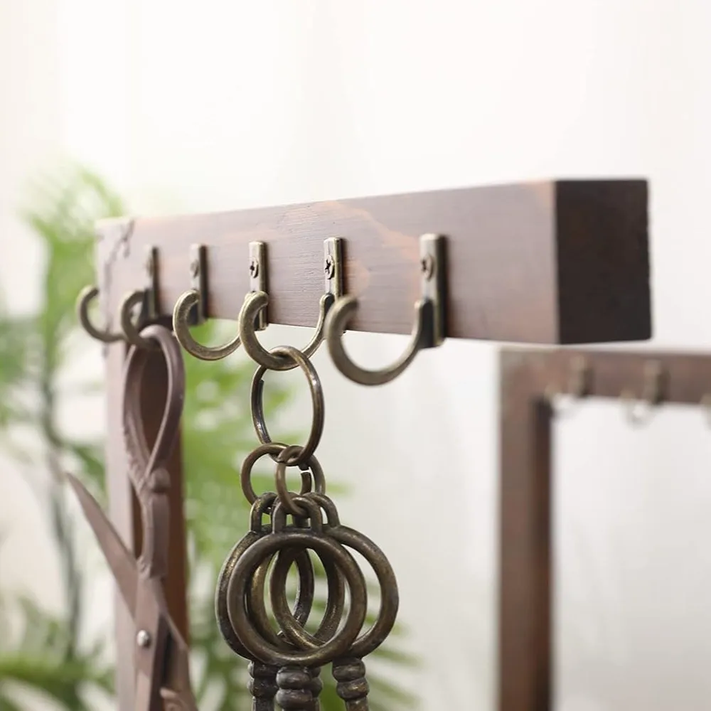 Wood Entryway Tabletop Key Holder Rack，Rustic Burnt Decorative Organizer with Storage Tray and Brass Tone Hooks，Jewelry Key Stand Hjavascript:anging Organizer